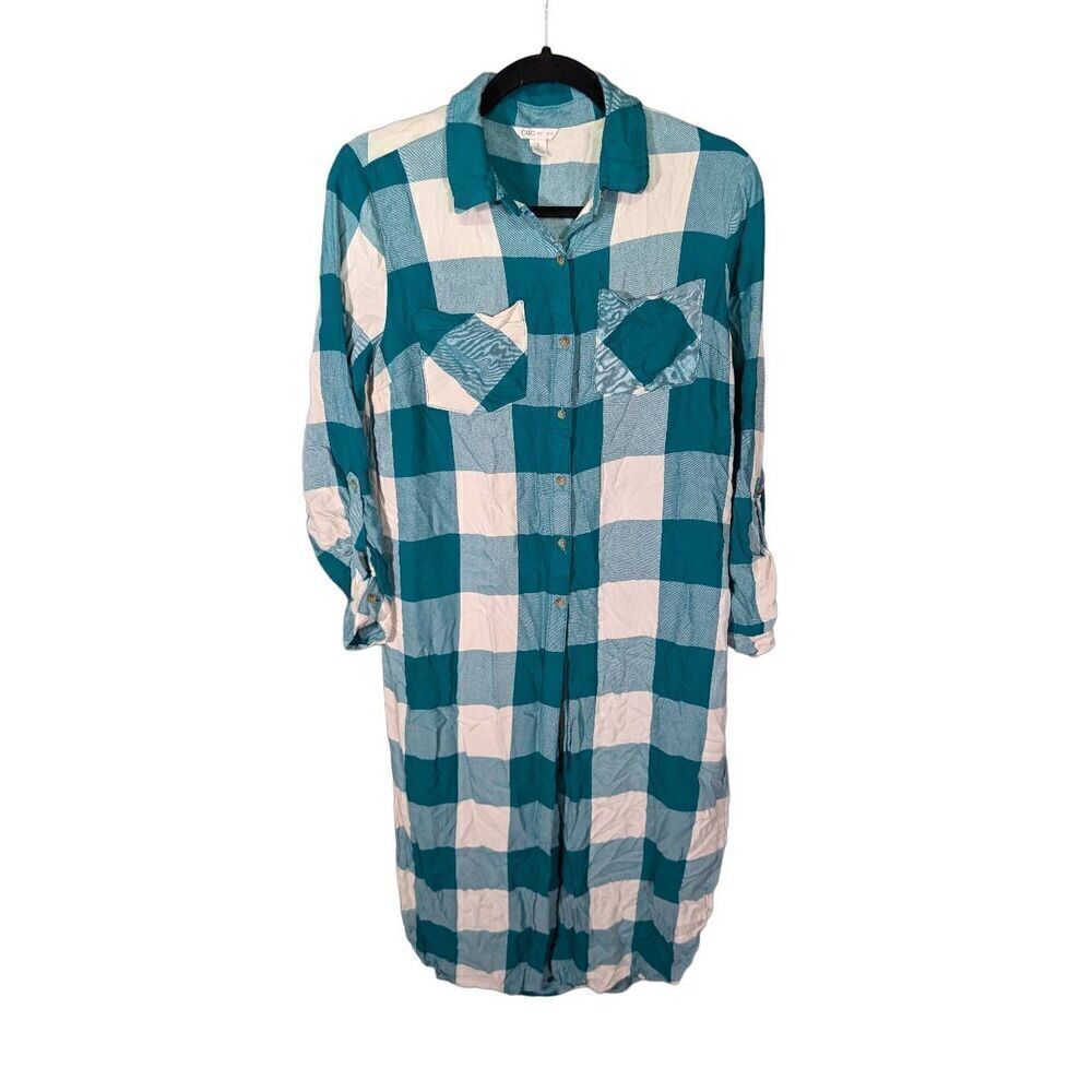 Cato Green and White Plaid Button Up Tunic/Dress Women's Small